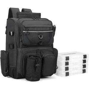 Fishing Tackle Backpack With Rod Holders, Large 40L Fishing Backpack for Camping, Hiking (Black)