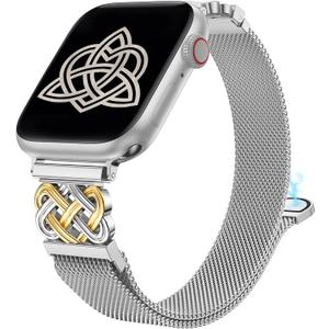 Stainless Steel Magnetic Loop Compatible with Apple Watch Band 41/40/38/49/46/45/44/42mm Women Metal Mesh Celtic Knot Dressy Strap for iWatch SE Series 10/9/8/7/6/5/4/3/2/1/Ultra(1/2) (Silver/Gold)