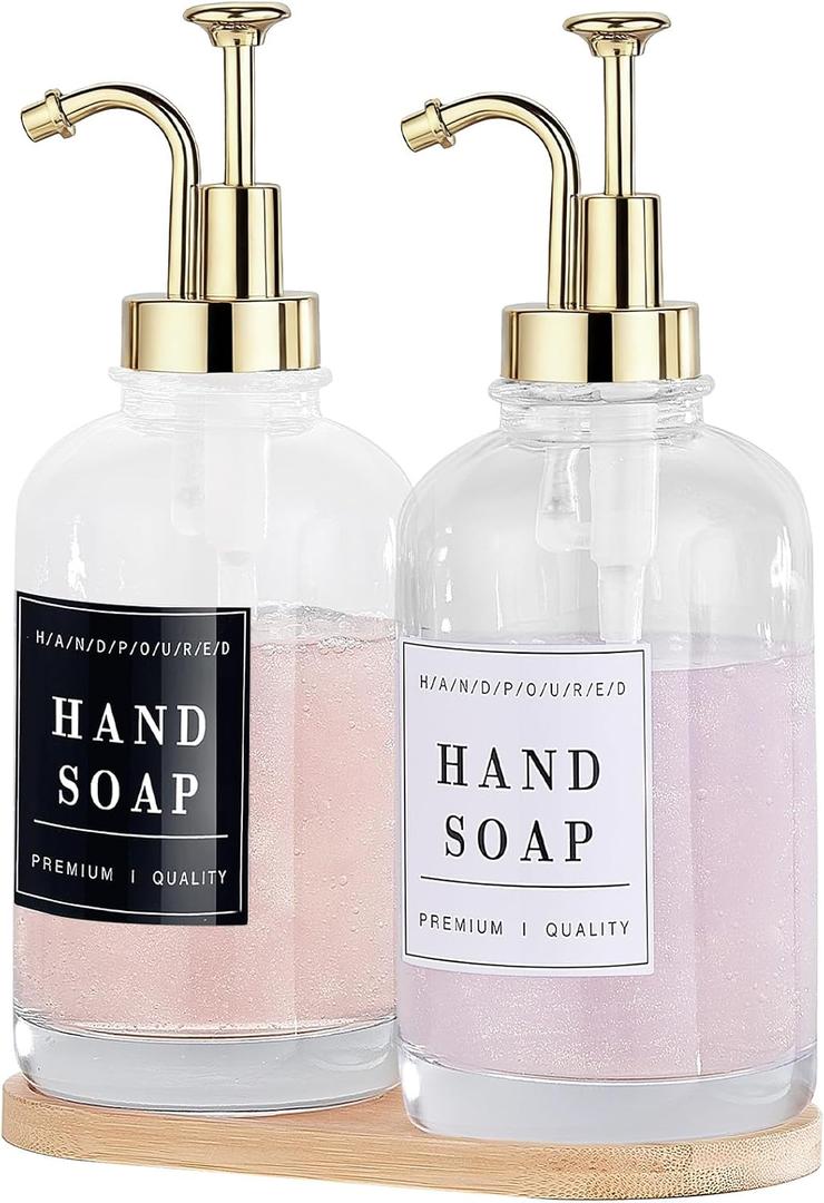 Dish and Hand Soap Dispenser for Kitchen,Glass Soap Dispenser with Pump,Tray,Funnel, Set of 2 Countertop Soap and Lotion Dispenser for Bathroom,Shower,500ml/16.9oz,