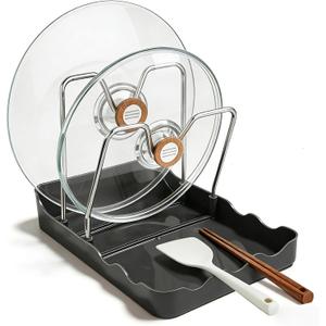 Kitchen Pot Lid Storage Rack, Pot-Lid Cutting Board Holder With Removable Drip Tray, Space-Saving Kitchen Pot Cover Organizer Stand for Countertop (1pc Black)