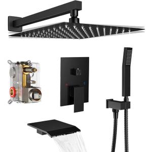 Rain Shower System 12 inch Shower Faucet Set with Tub Spout,Bathroom Wall Mounted Waterfall Shower Head Faucet Sets Complete with Handheld Spray,Rough-in Valve Body and Trim kit,Matte Black Rain Shower System 12 inch Shower Faucet Set with Tub Spout,Bathroom Wall Mounted Waterfall Shower Head Faucet Sets Complete with Handheld Spray,Rough-in Valve Body and Trim kit,Matte Black