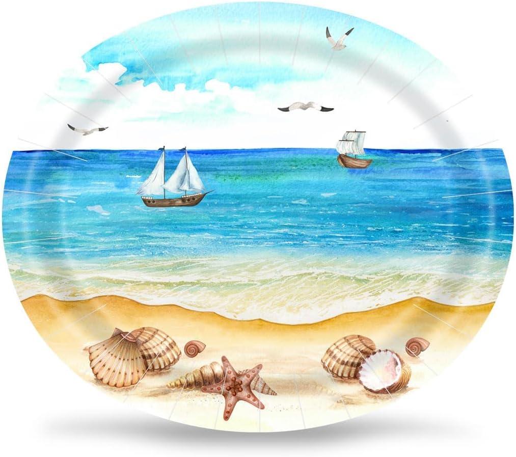 50 Count Nautical Beach Oval Paper Plates Platter 10" x 12" Disposable Sea Shells Ocean Serving Dish for Spa Party Baby Shower Summer Holiday Party Tableware Supplies Decor
