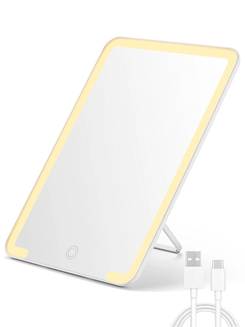 OMIRO Travel Makeup Mirror with Light, 10 x 7 inch Lighted Desk Mirror with Adjustable Stand and 3 Lighting Modes for Shaving and Travelling, White