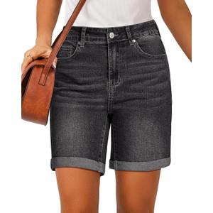 luvamia Jean Shorts for Women High Waisted Trendy Causal Summer Fold Hem Stretchy Long Denim Shorts 7 Inch Inseam, Extra Large, Washed Black 