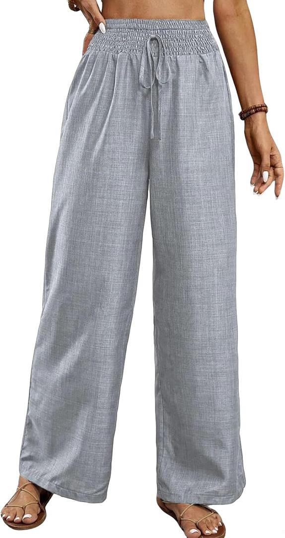 Women's Teacher Outfits Casual Pants Trendy Flowy Wide Leg Pull On Elastic Waist Long Beach Lounge (Gray, M)