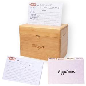 Bamboo Recipe Box with Cards and Dividers - Elegant Recipe Cards and Box Set Includes 50 Card 4x6 and 8 Category Dividers (Pastel)