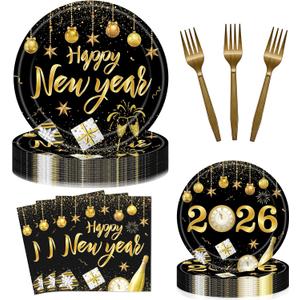 96 Pieces Happy New Year Plates and Napkins Tableware Set, Black and Gold New Years EVE Disposable Dinnerware with Paper Plates, Napkins, Forks for 2026 New Year's Eve Party Supplies- Serves 24
