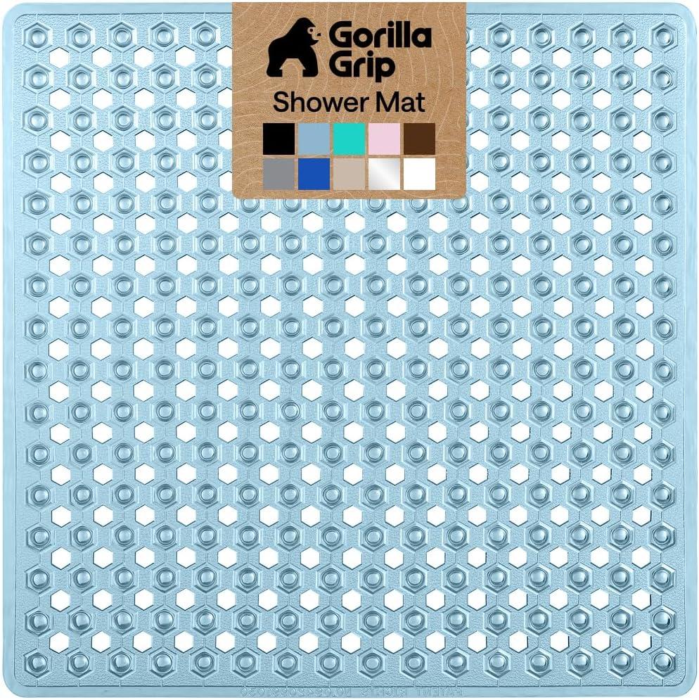 GORILLA GRIP Patented Square Shower Stall Mat, Small Bathtub Floor Mats for Stand Up Showers with Suction Cups and Drainage Holes, Machine Washable, Soft on Feet, Bathroom Accessories 21x21 Inch, Blue