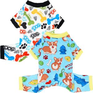 2PCS Dog Pajamas for Extra Small Xs Sized Doggie Pjs Clothes Puppy Onesies Outfits Pet Jammies Boy Girl Male Female Apparel Soft Breathable Paw Bone, XS