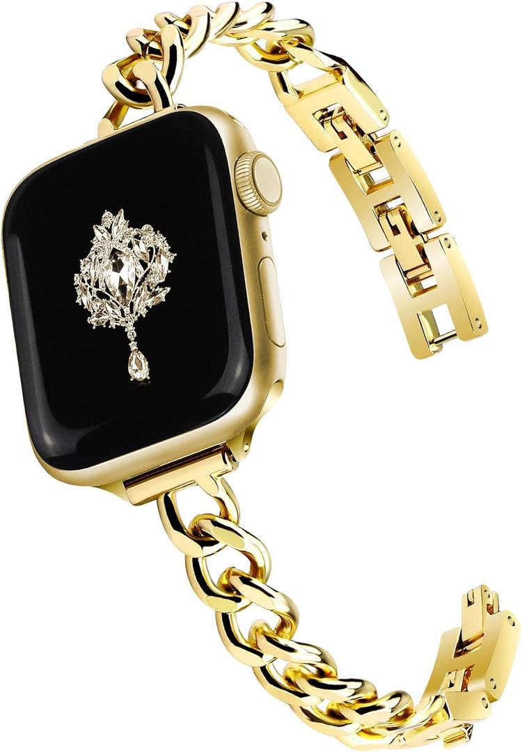 Slim Gold Band for Women Feminine Elegant Compatible with Apple Watch 38mm 40mm 41mm 42mm (S10) Adjustable Metal Strap Dressy Chain Bracelet for iWatch Series 10/9/8/7/6/5/4/3/2/1/SE