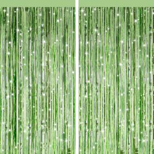 2 Pack Light Green Metallic Tinsel Foil Fringe Curtains, Door Streamers Photo Booth Backdrop for Birthday Party, Tinsel Curtain Backdrop for Baby Shower Bachelorette Christmas Party Decorations