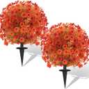 2 Pack Fall Artificial Topiary Bushes - 23" Boxwood Ball Trees with Mums, UV Resistant Faux Plants with Ground Spike for Outdoor, Fake Shrubs for Garden Porch Patio Autumn Thanksgiving Decor