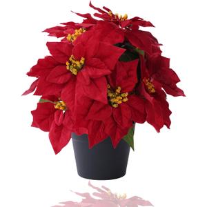 16 Artificial Poinsettias Flowers for Outdoors Red Faux Christmas Poinsettia Plant 11 Heads Winter Flowers for Front Porch Garden Yard Patio Decor