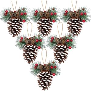 6 Pieces Natural Pinecone Ornaments for Christmas Tree Fall Mini Rustic Pine Cone Hanging Ornament Christmas Tree Decorations Small Thanksgiving Ornament with Pine Needle Berry for DIY Crafts Wedding
