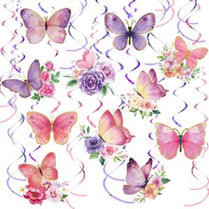 Pajean 30 Pieces Butterfly Party Decorations Watercolor Purple Butterfly Hanging Swirls Decorations Summer Themed Swirls Garland for Baby Girl Birthday Wedding Party Supplies