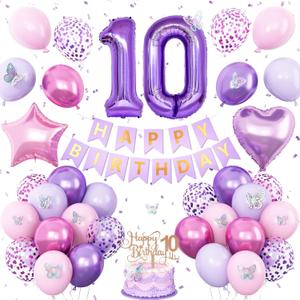 10th Birthday Decorations for Girl,Pink Purple 10th Butterfly Birthday Decorations 10th Birthday Balloons Pink Purple Birthday Banner Number 10 Balloons Cake Topper Butterfly Party Supplies for Girls