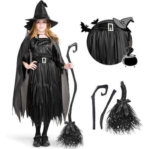 Spooktacular Creations Classic Kids Witch Costume, Toddler Gothic Sorceress Black Witch Dress with Broom and Hat for Girls Halloween Themed Parties, Small