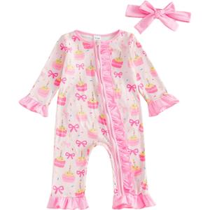 Toddler Baby Girl Birthday Outfit Ruffle Cake Bow Print Romper Zipper Birthday Girl Jumpsuit Headband (12-18 Months, Pink)