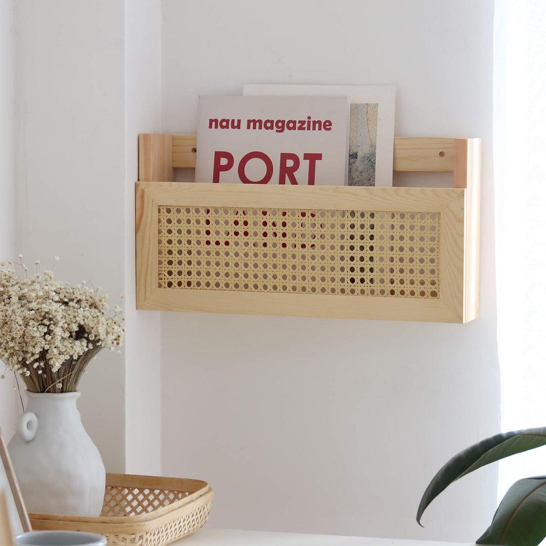 FRIADE Wall Magazine Rack with PE Rattan Grid,Size 17.3" x 4" x 9.4",File Holder For Entryway,Living Room,Waiting Room,Kids’ room,Office(Retro Brown)