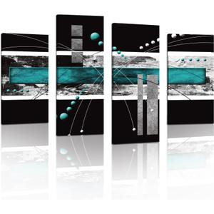 YPY Large Black Teal Canvas Wall Art - 4 Panels Modern Abstract Picture Set for Home Decoration - Contemporary Painting Artwork Ready to Hang Living Room Bedroom W48 x H36