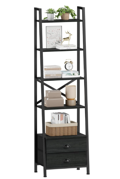 Furologee 5Tier Ladder Shelf with 2 Drawers,Narrow Bookshelf Storage Shelves,Industrial Bookcase Freestanding Rack Units for Bedroom,Living Room,Bathroom,Home Office,Balcony,Wood Metal, Black Oak