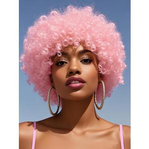 GKtineke Pink Afro Wigs for Black Women 8 Inch 70s Disco Afro Wig Puff Fluffy Kinky Curly Wigs for Halloween Party Use(Pink)