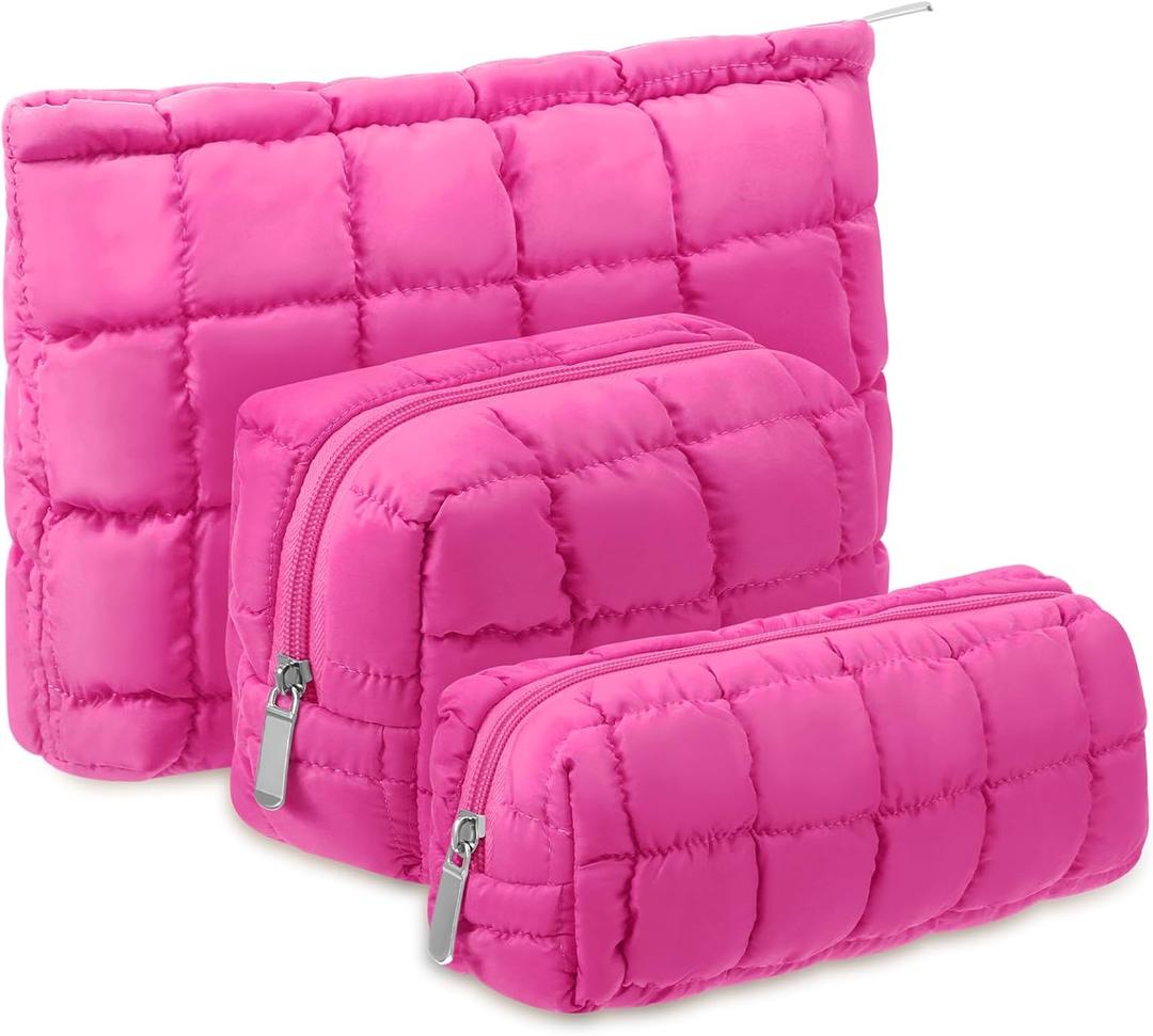 3 Pcs Puffy Makeup Bag Quilted Cosmetic Pouch for Women Cute Checkered Travel Toiletry Bag Puffer Makeup Organizer Purse Pouch Preppy Pencil Case with Zipper(Hot Pink)