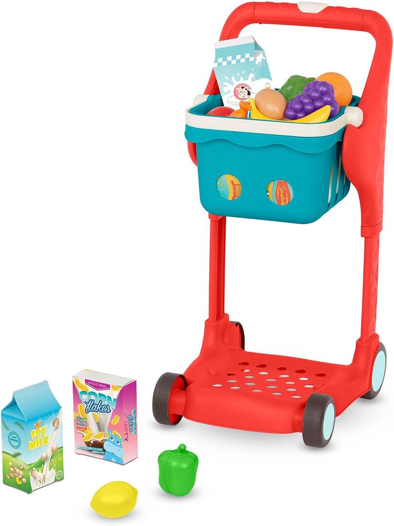 B. toys Shop & Glow Toy Cart Pretend Play Toys for Toddlers Grocery Cart with Lights & Sounds Basket & Play Food 2+ Years (13 Pieces), Large