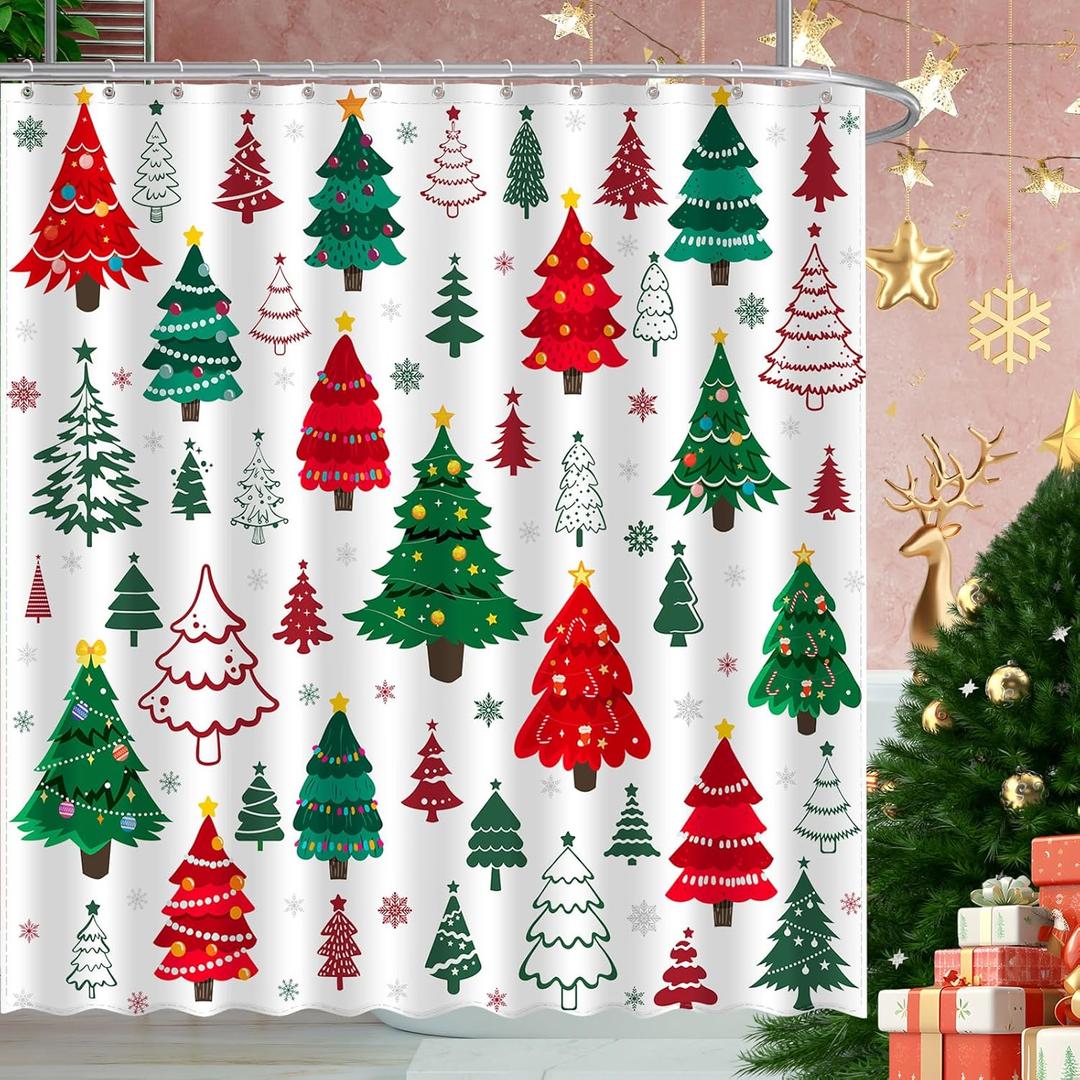 Christmas Shower Curtain, Xmas Tree Home Bathroom Decor, Polyester Cloth Fabric Bath Curtain with 12 Hooks (72x72 Inches, Christmas Tree 2)