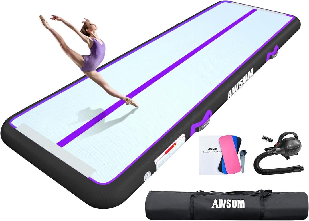 AWSUM Inflatable Air Gymnastics Mat 10ft/13ft/16ft/20ft/23ft Training mat 4/8 inches Thick tumbling mat with Electric Pump for Home/Gym/Outdoor (Purple/Black)