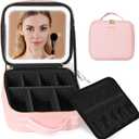 Behaesty Travel Makeup Bag with LED Lighted Mirror, Cosmetic Makeup Organizer Bag with 3 Color Setting, Makeup Train Case with Adjustable Dividers for Women Makeup Brushes Jewelry Accessories (Pink)