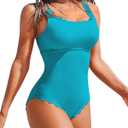 Charmo Womens Scalloped Ribbed One Piece Swimsuits Retro Square Neck Modest Bathing Suits (Blue, L)
