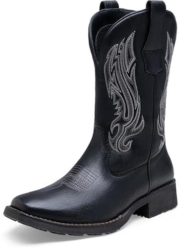 Jousen Cowboy Boots for Men Embroidery Men's Western Boots Retro Square Toe Mens Boot Botas Vaqueras Para Hombre (AMY8420 black 11.5)