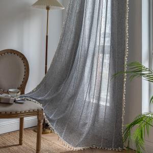 Sutuo Home Boho Curtain for Bedroom Living Room Kitchen, Semi Blackout Linen Farmhouse Shabby Chic Tassels Window Treatment Bohemian Embroidery Drape, Rod Pocket 1 Panel 52" W x 84" L, Black Grey
