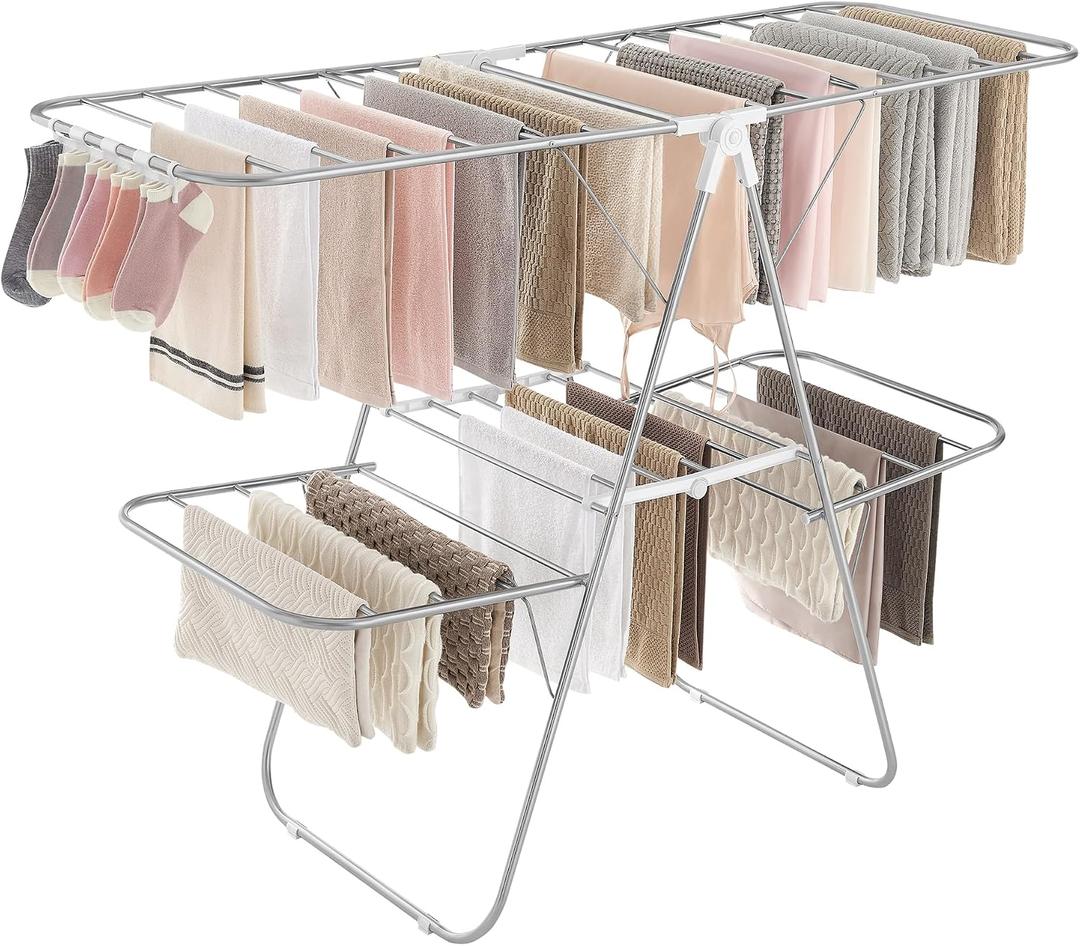SONGMICS Clothes Drying Rack, Foldable 2-Level Laundry Drying Rack, Free-Standing Laundry Airer, with Height-Adjustable Wings, 33 Drying Rails, Sock Clips, Silver and White ULLR053W01V1, 2 Tiers22"d X 61.8"w X 64.3''h )