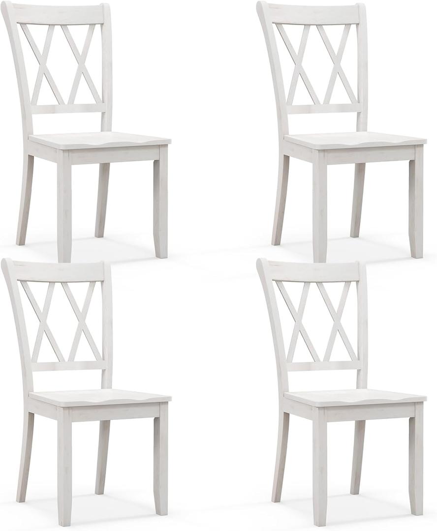 Giantex Wood Dining Chairs Set of 4 White, Rustic Armless Kitchen Chairs w/Rubber Wood Frame, Cross Back, Contoured Seat, Farmhouse Wooden Side Chairs, High Back Kitchen Chairs for Home Dining Room