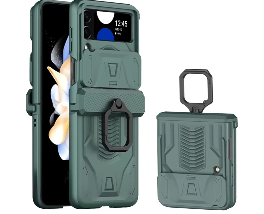 Miimall Compatible for Galaxy Flip 4 Case, Z Flip 4 Case Ring Holder Magnetic Hinge Protector Kickstand All-Inclusive Protective Bumper Cases for Galaxy Z Flip 4 (Green)