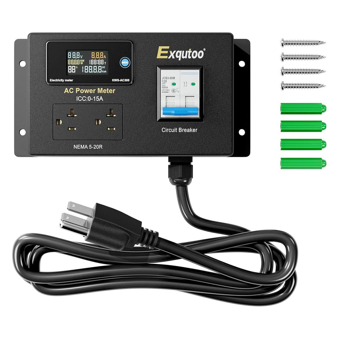 AC Power Meter, 120/240 VAC NEMA 5-15P to NEMA 5-20R Outlet with Breaker & Voltmeter, Dual Socket LCD Digital Real-Time Display, Multifunction Monitor Outlet, Ideal for RVs, Generators, 15 A