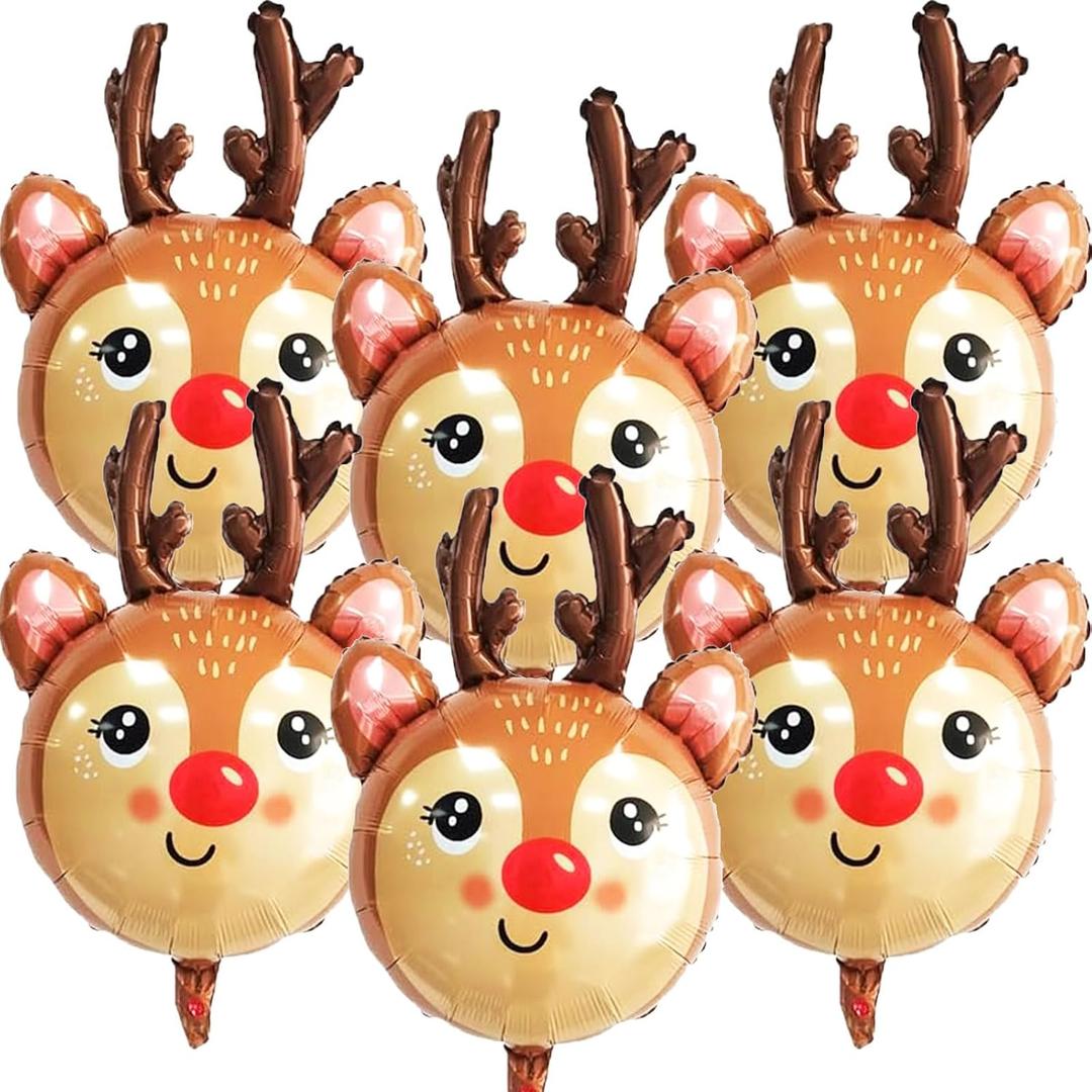 6Pcs Reindeer Balloons - 27 Inch Deer Balloons for Reindeer Themed Party Decorations Supplies - Foil Christmas Balloon for Christmas Party Decorations - Balloon Arch Kit
