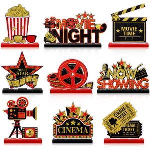 Blosssound 9 Pcs Movie Night Party Decorations Movie Theme Wooden Table Centerpieces Theater Now Showing Table Sign Cinema Popcorn Star Tabletop Decor for Home Film Birthday Party Supplies