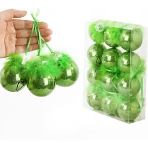 Christmas Tree Hanging Decorations: 12 Pcs Green Christmas Tree Ornaments with Fluffy Feather Hair, Cute Christmas Thief Themed Xmas Balls for Kids Gift, Home Tree Mantel Office Party Decor