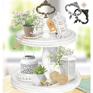 2 Tiered Tray Wooden Serving Stand by Felt Creative Home Goods. Small Shabby Chic Beaded Tray for Home Decor Display Farmhouse Country Decoration Kitchen or Dining. Includes 3 Custom Handles (White)