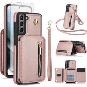 Asuwish Phone Case for Samsung Galaxy S21 5G 6.2 inch RFID Wallet Cell Cover with Tempered Glass Screen Protector Crossbody Strap Credit Card Holder Slot Stand S 21 21S G5 Women Men Rose Gold