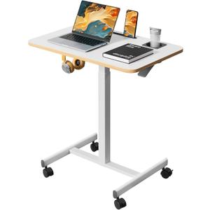 Mobile Standing Desk, Rolling Laptop Cart Adjustable Height with Cup Holder, 28 inch Portable Table with 4 Lockable Wheels, White Computer Workstation with Hook and Slots for Home Office
