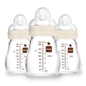 MAM Premium Glass Baby Bottles, Easy Switch Between Breast and Bottle, Feel Good Slow Flow, Newborn Essentials Must Have, 0+ Months, BPA Free, 6oz, Unisex, 3 Pack (Cotton)