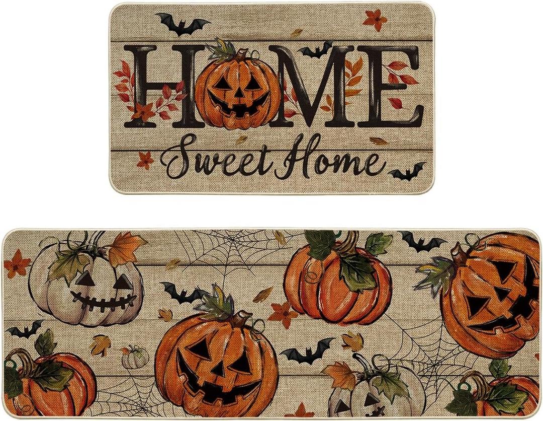 Artoid Mode Home Sweet Jack-O'-Lantern Pumpkin Halloween Kitchen Mats Set of 2, Low-Profile Decor Kitchen Rugs for Floor - 17x29 and 17x47 Inch
