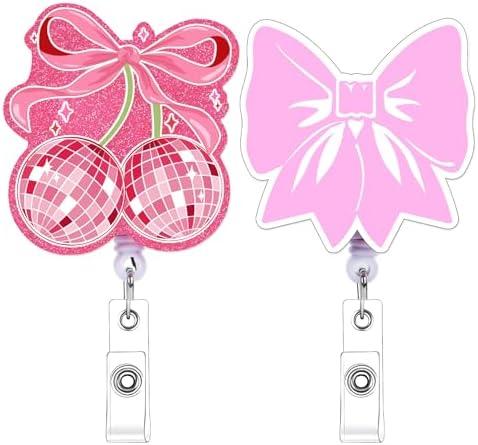 Cosmisun Pink Bow Badge Reel - 2Pcs Conquette Badge Holder Cute Glitter Retractable Clip Pink Coquete Bow Retractable Badge Holders with ID Clip for Lover Nurse Student Doctors Teacher Office Worker