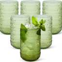 CHLJAR Hobnail Drinking Glasses Set of 6, 14 oz Vintage Glassware Set, Embossed Green Water Tumbler for Beer, Juice, Cocktail, Whiskey, Milk, Green