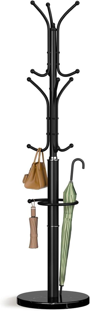 Yoobure Metal Coat Rack Freestanding with Marble Base, Coat Tree with 12 Hooks & Umbrella Holder, Coat Hanger Stand for Corner Entryway Bedroom Office, Heavy Duty Coat Rack Stand for Clothes Hats Bags (Black)