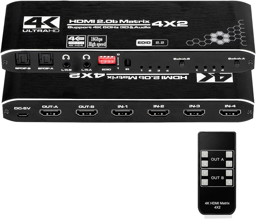 HDMI Matrix Switch 4x2, 4K HDMI Matrix Switcher Splitter 4 in 2 Out Box with EDID Extractor and IR Remote Control Support 4K HDR, HDMI 2.0b, HDCP 2.2, 4K@60Hz, 3D, 1080P